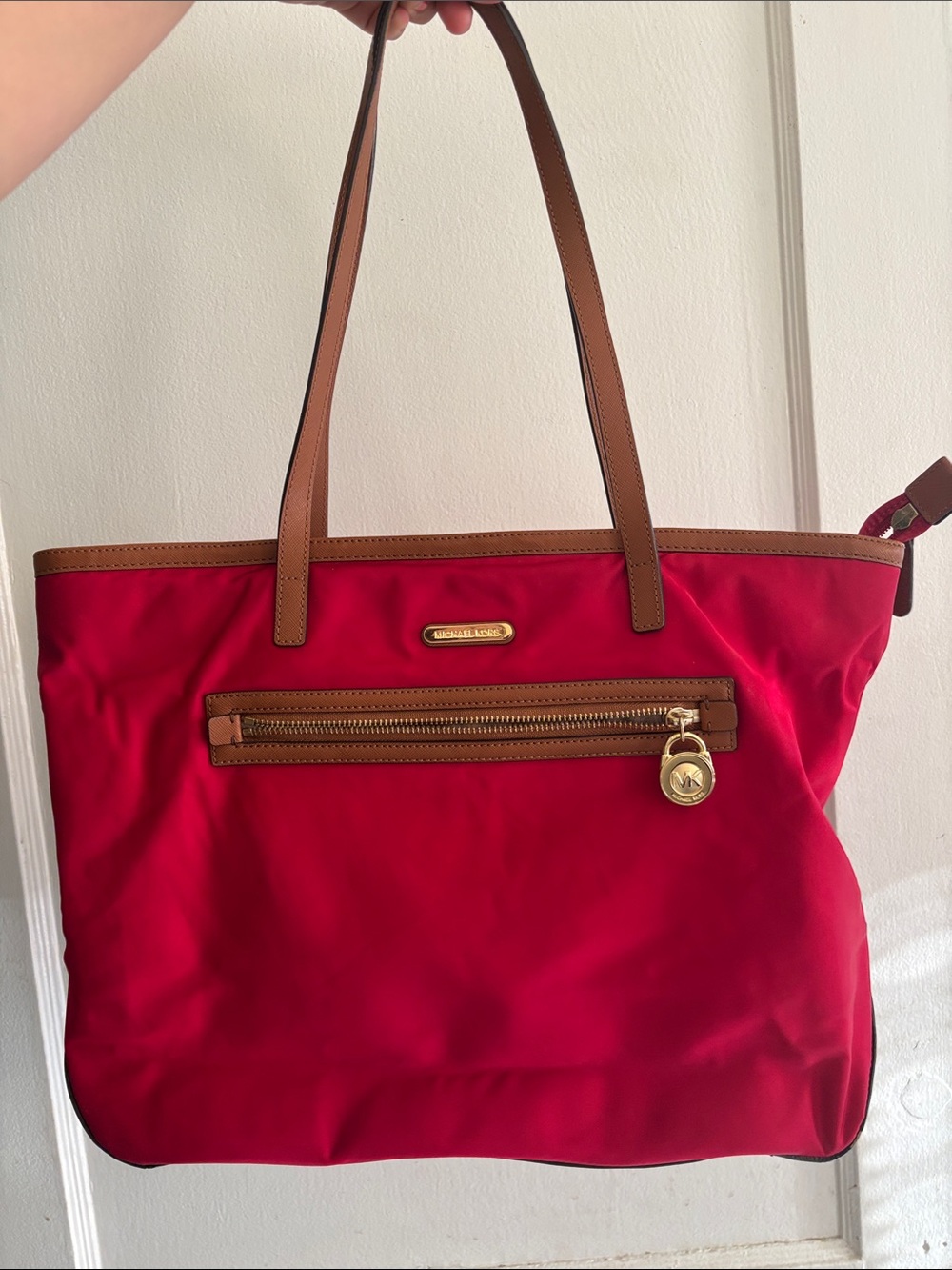 Michael Kors Red Nylon Tote with Brown Leather Trim and Gold Accent